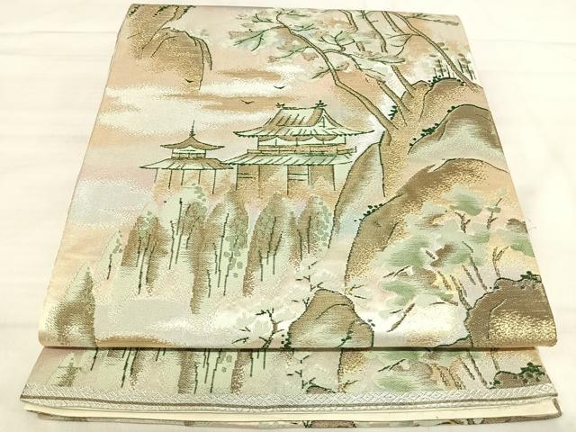 平和屋着物◎六通柄袋帯 京風景文 金銀糸 正絹 逸品 AABK0555yx