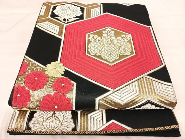 平和屋着物◎六通柄袋帯 唐織 亀甲花文 黒地 金銀糸 正絹 逸品 AABK0559yx