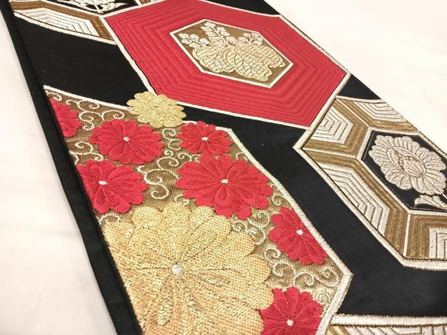 平和屋着物◎六通柄袋帯 唐織 亀甲花文 黒地 金銀糸 正絹 逸品 AABK0559yx