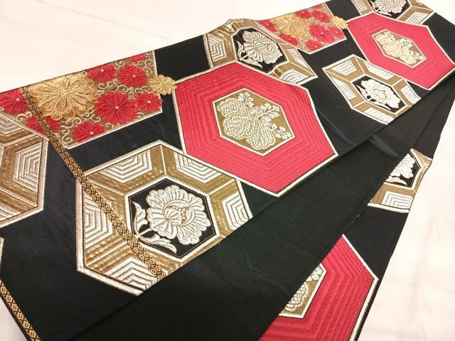 平和屋着物◎六通柄袋帯 唐織 亀甲花文 黒地 金銀糸 正絹 逸品 AABK0559yx