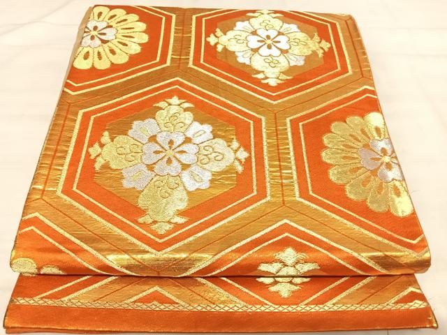平和屋着物◎六通柄袋帯 亀甲花文 金銀糸 正絹 逸品 AABK0561yx