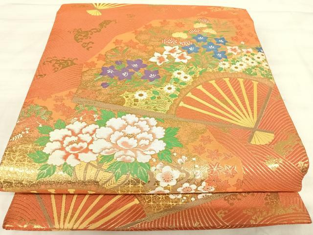 平和屋着物◎伝統工芸士 平田藤三郎 六通柄袋帯 唐織 琳派翠扇 金糸 正絹 逸品 AABK0562yx