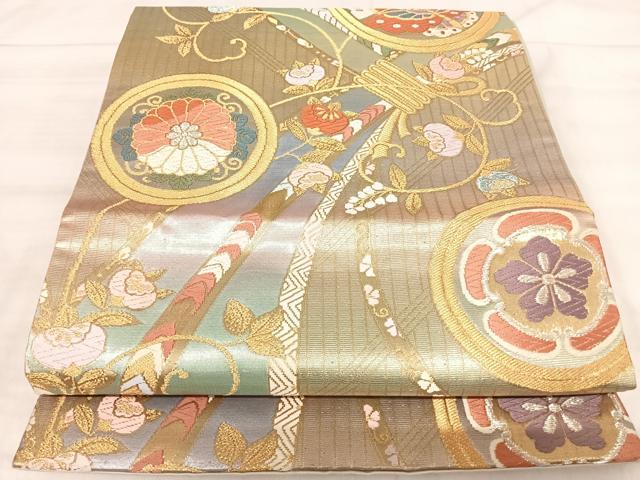 平和屋着物◎六通柄袋帯 唐織 花丸文 金銀糸 正絹 逸品 AABK0569yx