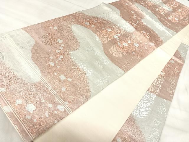 平和屋着物◎六通柄袋帯 草花文 銀糸 正絹 逸品 AABK0586yx