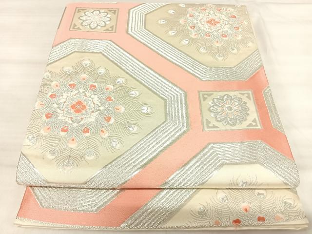 平和屋着物◎六通柄袋帯 唐織 孔雀花文 銀糸 正絹 逸品 AABK0591yx