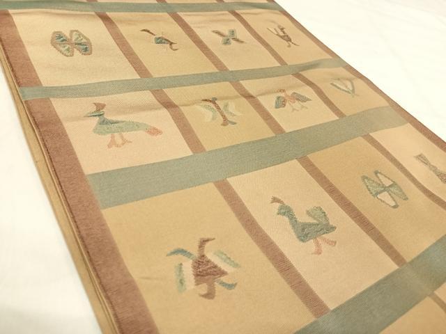 平和屋着物◎六通柄 本袋帯 格子花鳥文 正絹 逸品 AABK0594yx