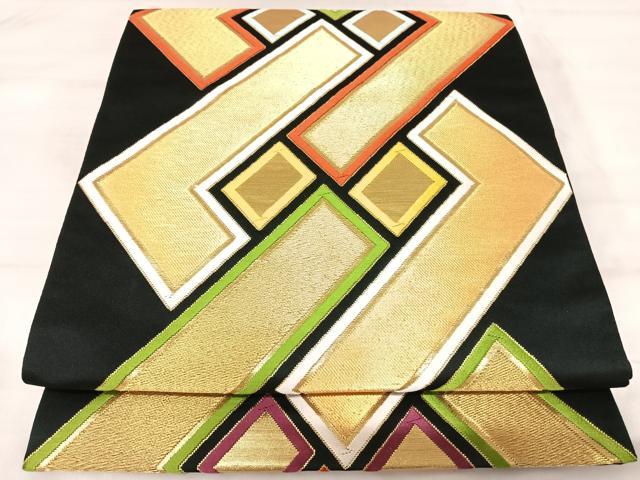平和屋着物◎六通柄袋帯 唐織 幾何学文様 黒地 金糸 正絹 逸品 AABK0610yx