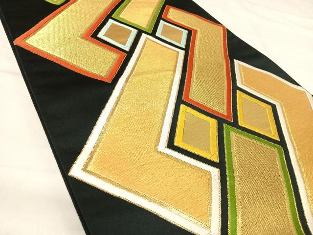 平和屋着物◎六通柄袋帯 唐織 幾何学文様 黒地 金糸 正絹 逸品 AABK0610yx