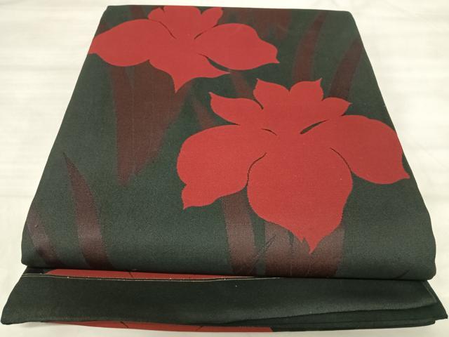 平和屋着物◎六通柄袋帯 草花文 黒地 正絹 逸品 AABK0611yx