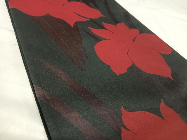 平和屋着物◎六通柄袋帯 草花文 黒地 正絹 逸品 AABK0611yx