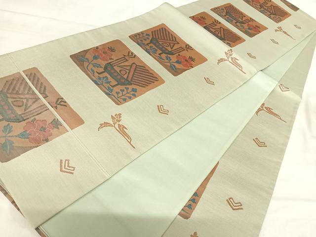 平和屋着物◎六通柄袋帯 花鳥文 雲母 正絹 逸品 AABK0613yx