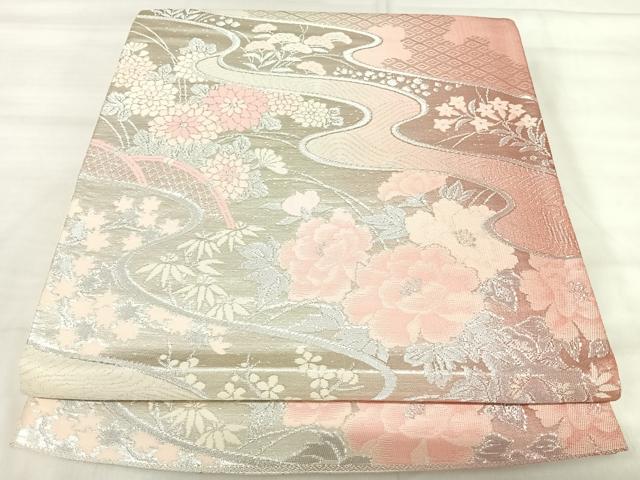 平和屋着物◎六通柄袋帯 唐織 流水草花文 銀糸 正絹 逸品 AABK0617yx