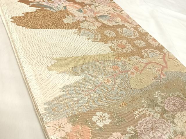 平和屋着物◎佐賀錦 六通柄袋帯 霞取遊鴛鴦能衣文 金糸 正絹 逸品 AABK0618yx