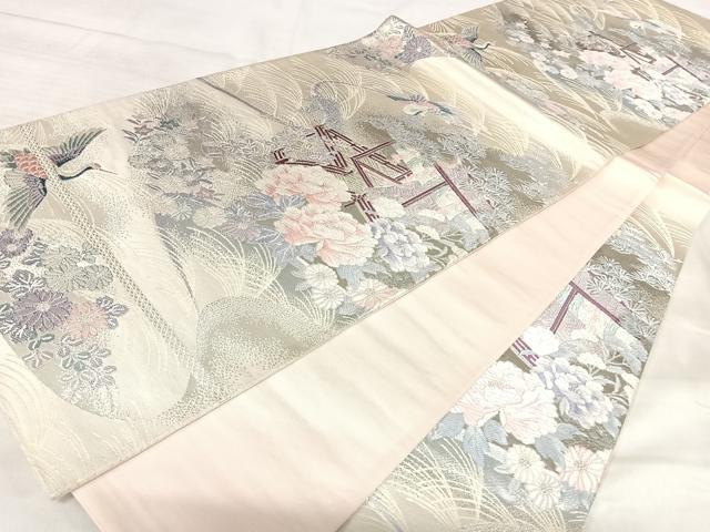 平和屋着物◎六通柄袋帯 飛鶴草花文 プラチナ箔二重織 正絹 逸品 AABK0623yx