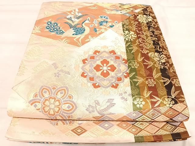 平和屋着物◎六通柄袋帯 唐織 孔雀花文 金銀糸 正絹 逸品 AABK0631yx