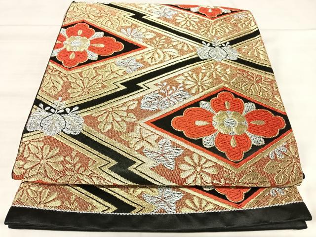 平和屋着物◎六通柄袋帯 唐織 花菱文 黒地 金銀糸 正絹 逸品 AABK0632yx