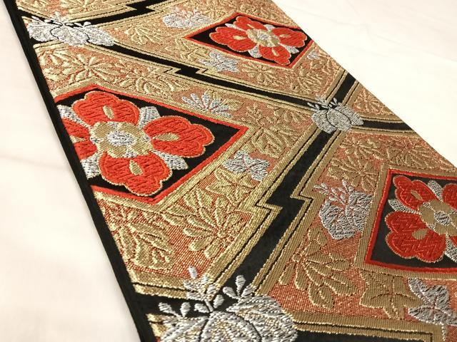 平和屋着物◎六通柄袋帯 唐織 花菱文 黒地 金銀糸 正絹 逸品 AABK0632yx