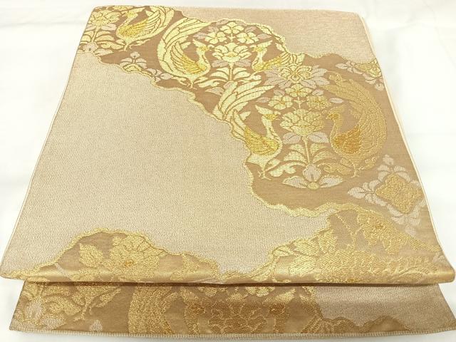 平和屋着物◎六通柄袋帯 双鳥花文 金糸 正絹 逸品 AABK0638yx