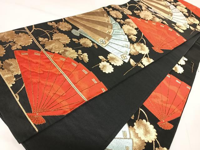 平和屋着物◎六通柄京袋帯 唐織 檜扇文 黒地 金銀糸 正絹 逸品 AABK0642yx