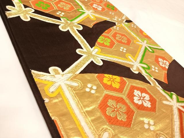 平和屋着物◎六通柄袋帯 唐織 亀甲花文 金糸 正絹 逸品 AABK0644yx