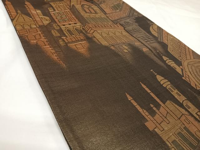 平和屋着物◎六通柄袋帯 風景文 金糸 正絹 逸品 AABK0652yx