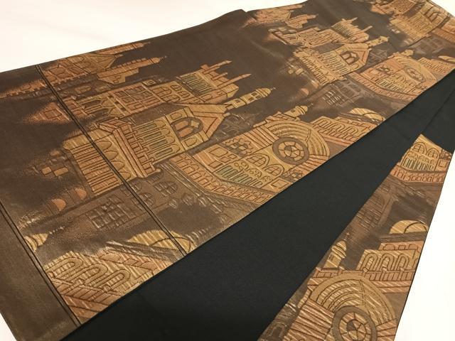 平和屋着物◎六通柄袋帯 風景文 金糸 正絹 逸品 AABK0652yx