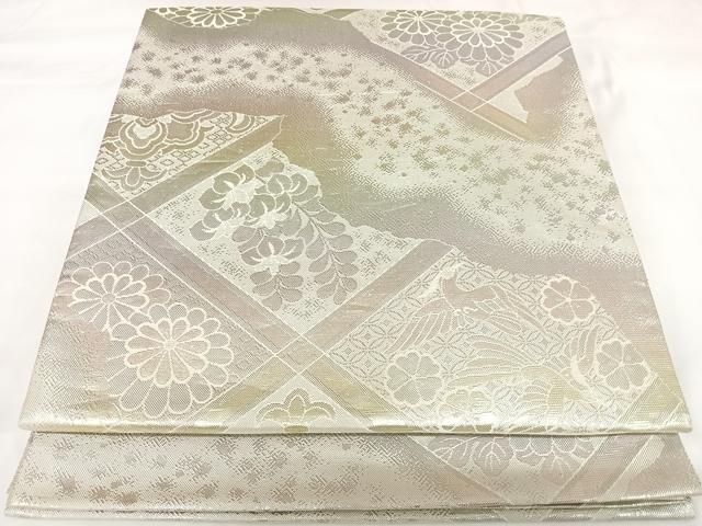 平和屋着物◎全通柄袋帯 格子花文 金銀糸 正絹 逸品 AABK0654yx