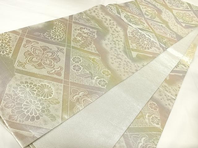 平和屋着物◎全通柄袋帯 格子花文 金銀糸 正絹 逸品 AABK0654yx