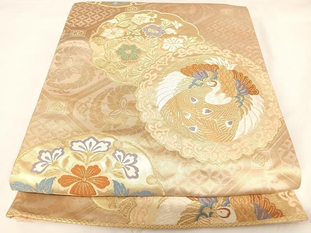 平和屋着物◎六通柄袋帯 唐織 蜀江孔雀丸紋 金糸 正絹 逸品 AABK0655yx