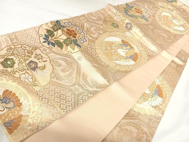 平和屋着物◎六通柄袋帯 唐織 蜀江孔雀丸紋 金糸 正絹 逸品 AABK0655yx