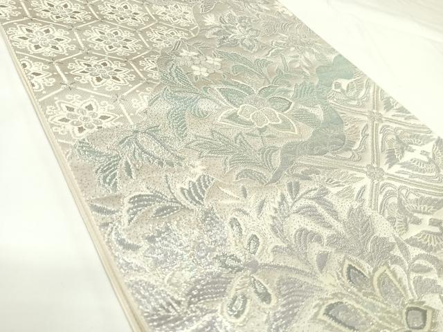 平和屋着物◎六通柄袋帯 煌きのオパール 鳳凰花唐草文 銀糸 正絹 逸品 AABK0656yx