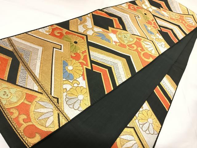平和屋着物◎六通柄袋帯 唐織 花唐草文 黒地 金銀糸 正絹 逸品 AABK0657yx