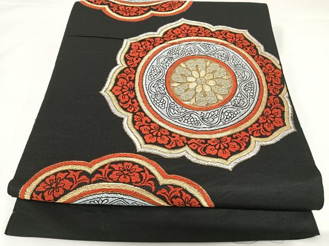 平和屋着物◎六通柄 本袋帯 唐織 正倉院花文 黒地 金銀糸 正絹 逸品 AABK0659yx