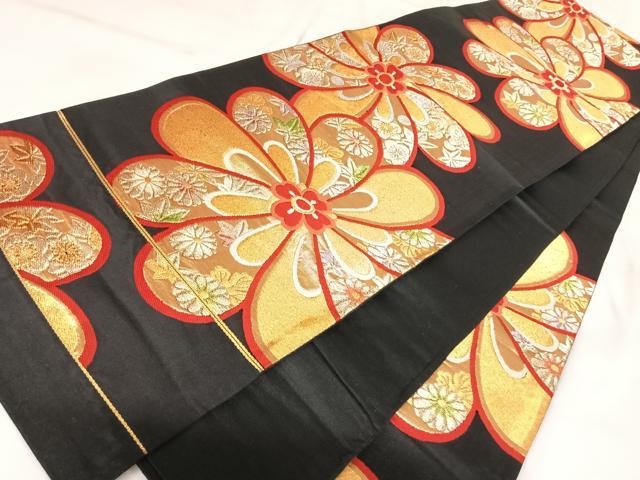 平和屋着物◎六通柄袋帯 唐織 舞花文 黒地 金銀糸 正絹 逸品 AABK0660yx