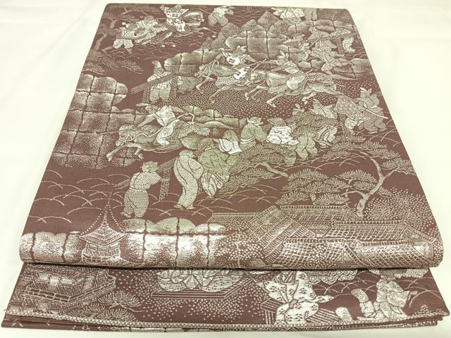 平和屋着物◎六通柄袋帯 九百紋織錦 人物風景文 銀糸 正絹 逸品 AABK0665yx