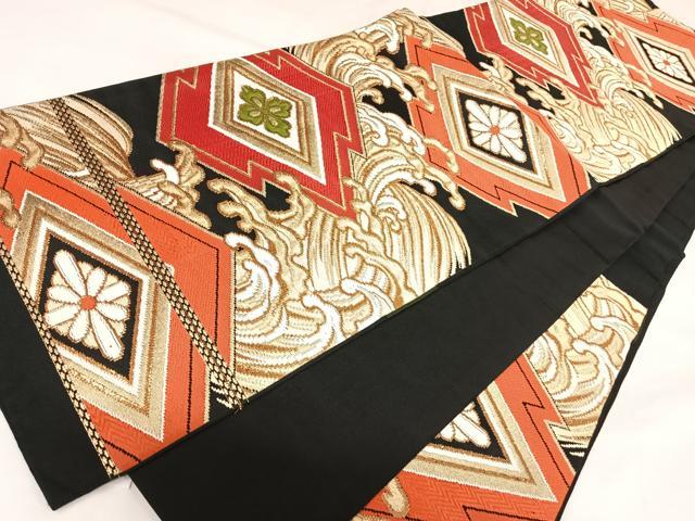 平和屋着物◎六通柄京袋帯 唐織 立波松皮菱花文 黒地 金糸 正絹 逸品 AABK0668yx