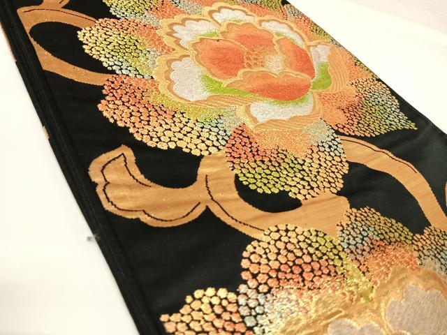 平和屋着物◎六通柄 本袋帯 花唐草文 黒地 金銀糸 正絹 逸品 AABK0669yx