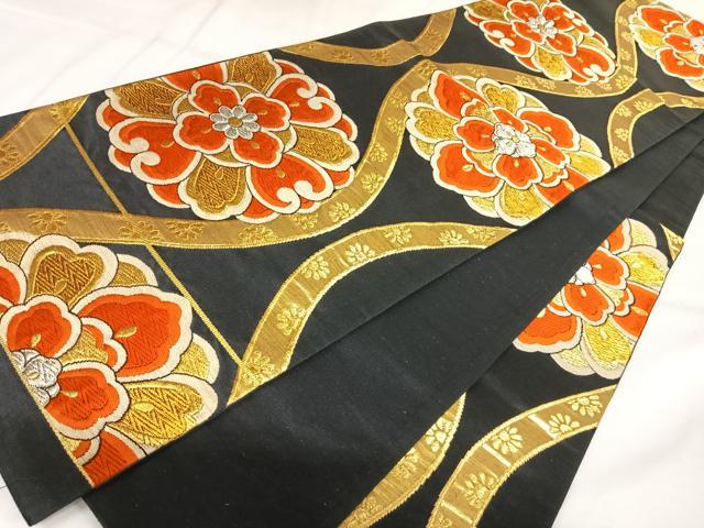 平和屋着物◎六通柄袋帯 唐織 立涌花文 黒地 金銀糸 正絹 逸品 AABK0683yx