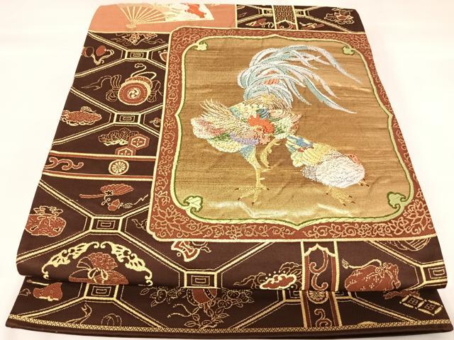 平和屋着物◎六通柄袋帯 唐織 扇面に酉 金糸 正絹 逸品 AABK0686yx