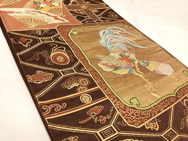平和屋着物◎六通柄袋帯 唐織 扇面に酉 金糸 正絹 逸品 AABK0686yx