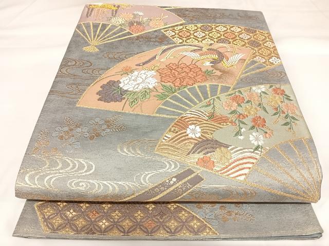 平和屋着物◎六通柄袋帯 唐織織成 扇面鳳凰花文 金糸 正絹 逸品 AABK0692yx