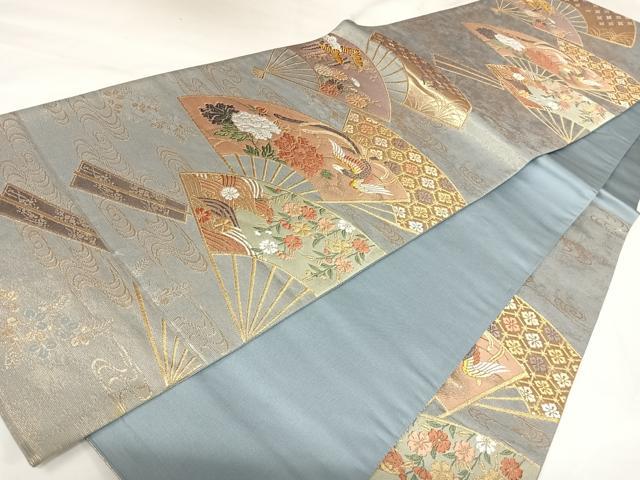 平和屋着物◎六通柄袋帯 唐織織成 扇面鳳凰花文 金糸 正絹 逸品 AABK0692yx