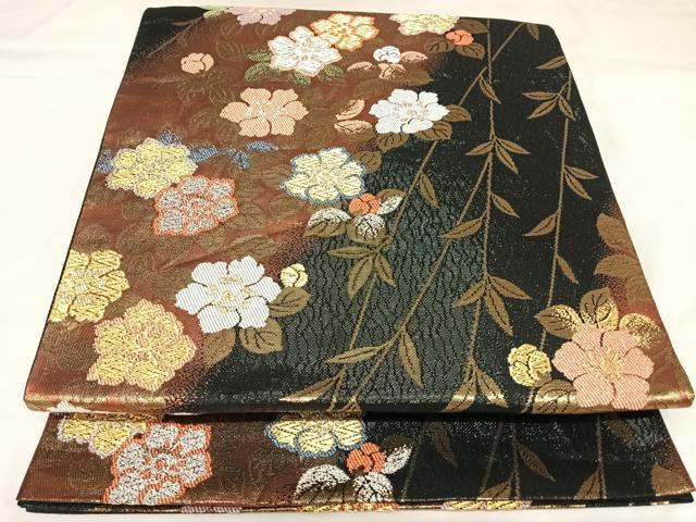 平和屋着物○六通柄袋帯 草花 黒地 金糸 正絹 逸品 DABB7313op 平和屋