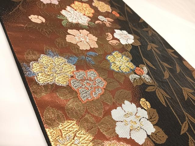 平和屋着物◎六通柄袋帯 草花文 黒地 金銀糸 正絹 逸品 AABK0693yx