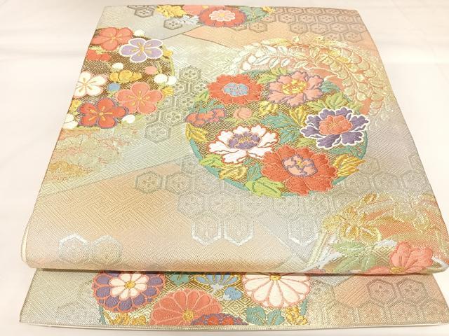 平和屋着物◎西陣 野々村織物謹製 六通柄袋帯 唐織 花丸文 金銀糸 正絹 逸品 AABK0696yx