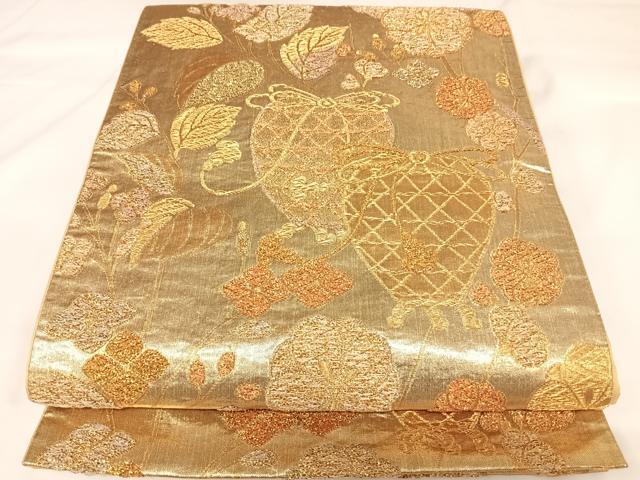 平和屋着物◎六通柄袋帯 仕覆花文 金糸 正絹 逸品 AABK0699yx