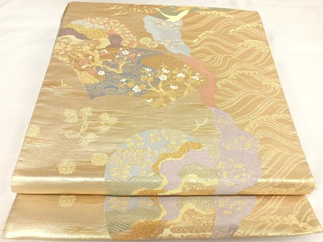 平和屋着物◎六通柄袋帯 唐織 地紙飛鶴文 金糸 正絹 逸品 AABK0701yx