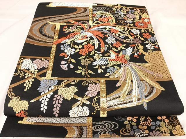 平和屋着物◎六通柄袋帯 唐織 鳳凰花文 黒地 金銀糸 正絹 逸品 AABK0709yx
