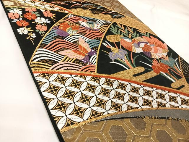 平和屋着物◎六通柄袋帯 唐織 鴛鴦花蝶文 黒地 金銀糸 正絹 逸品 AABK0713yx