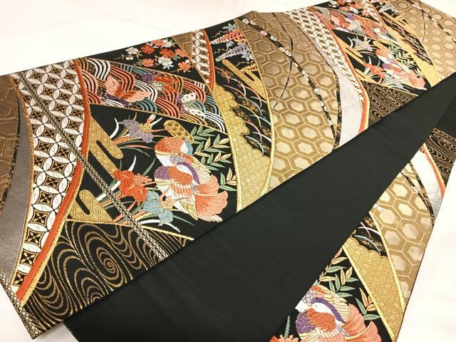 平和屋着物◎六通柄袋帯 唐織 鴛鴦花蝶文 黒地 金銀糸 正絹 逸品 AABK0713yx